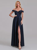 A-Line Spaghetti Straps Off The Shoulder Bridesmaid Dresses With Slit