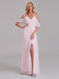 V-Neck Spaghetti Straps Side Slit Chiffon Long Bridesmaid Dress