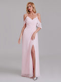 V-Neck Spaghetti Straps Side Slit Chiffon Long Bridesmaid Dress