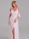 V-Neck Spaghetti Straps Side Slit Chiffon Long Bridesmaid Dress