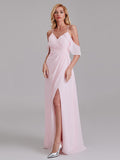 V-Neck Spaghetti Straps Side Slit Chiffon Long Bridesmaid Dress