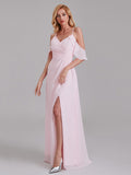 V-Neck Spaghetti Straps Side Slit Chiffon Long Bridesmaid Dress