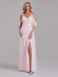 V-Neck Spaghetti Straps Side Slit Chiffon Long Bridesmaid Dress