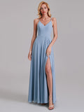 V-Neck Spaghetti Straps Chiffon Floor-Length Bridesmaid Dress With Slit
