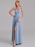 V-Neck Spaghetti Straps Chiffon Floor-Length Bridesmaid Dress With Slit