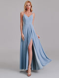 V-Neck Spaghetti Straps Chiffon Floor-Length Bridesmaid Dress With Slit