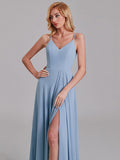 V-Neck Spaghetti Straps Chiffon Floor-Length Bridesmaid Dress With Slit
