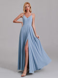 V-Neck Spaghetti Straps Chiffon Floor-Length Bridesmaid Dress With Slit