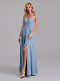 V-Neck Sleeveless Side Slit Chiffon Pleated Simple Long Bridesmaid Dresses