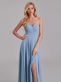 V-Neck Sleeveless Side Slit Chiffon Pleated Simple Long Bridesmaid Dresses