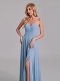 V-Neck Sleeveless Side Slit Chiffon Pleated Simple Long Bridesmaid Dresses