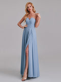 V-Neck Sleeveless Side Slit Chiffon Pleated Simple Long Bridesmaid Dresses