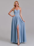 V-Neck Sleeveless Side Slit Chiffon Pleated Simple Long Bridesmaid Dresses