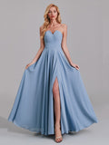 V-Neck Sleeveless Side Slit Chiffon Pleated Simple Long Bridesmaid Dresses