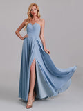 V-Neck Sleeveless Side Slit Chiffon Pleated Simple Long Bridesmaid Dresses