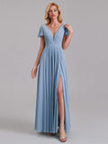 A-Line V-Neck Short Sleeves Chiffon Long Bridesmaid Dresses With Pleated