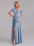 A-Line V-Neck Short Sleeves Chiffon Long Bridesmaid Dresses With Pleated