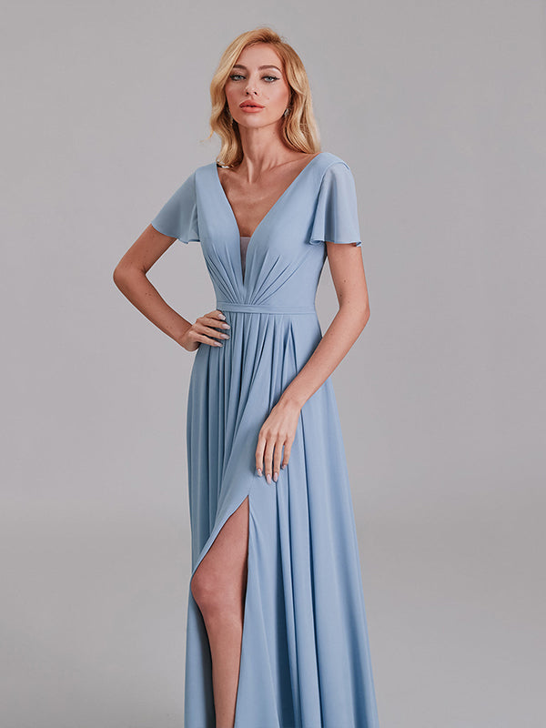 A-Line V-Neck Short Sleeves Chiffon Long Bridesmaid Dresses With Pleated