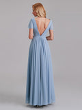 A-Line V-Neck Short Sleeves Chiffon Long Bridesmaid Dresses With Pleated