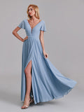 A-Line V-Neck Short Sleeves Chiffon Long Bridesmaid Dresses With Pleated