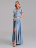 A-Line V-Neck Short Sleeves Chiffon Long Bridesmaid Dresses With Pleated
