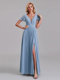 A-Line V-Neck Short Sleeves Chiffon Long Bridesmaid Dresses With Pleated