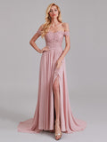 Sexy A-Line Off The Shoulder Side Slit Chiffon Long Bridesmaid Dress With Lace
