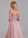Sexy A-Line Off The Shoulder Side Slit Chiffon Long Bridesmaid Dress With Lace