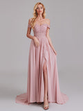 Sexy A-Line Off The Shoulder Side Slit Chiffon Long Bridesmaid Dress With Lace
