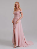 Sexy A-Line Off The Shoulder Side Slit Chiffon Long Bridesmaid Dress With Lace