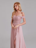 Sexy A-Line Off The Shoulder Side Slit Chiffon Long Bridesmaid Dress With Lace