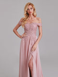 Sexy A-Line Off The Shoulder Side Slit Chiffon Long Bridesmaid Dress With Lace