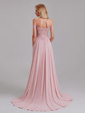 Sexy A-Line Off The Shoulder Side Slit Chiffon Long Bridesmaid Dress With Lace