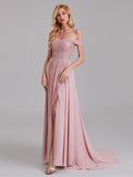 Sexy A-Line Off The Shoulder Side Slit Chiffon Long Bridesmaid Dress With Lace