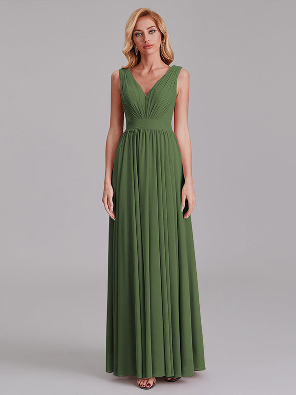 Exquisite V-Neck Sleeveless Chiffon Cheap Floor-Length Bridesmaid Dress With Pleated