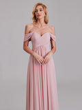 Newest A-Line Off The Shoulder Pleated Chiffon Bridedsmaid Dresses