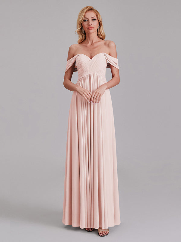 Newest A-Line Off The Shoulder Pleated Chiffon Bridedsmaid Dresses