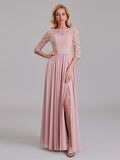 Charming Illusion 3/4 Sleeves Side Slit Chiffon Long Bridesmaid Dresses With Lace