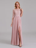 Charming Illusion 3/4 Sleeves Side Slit Chiffon Long Bridesmaid Dresses With Lace