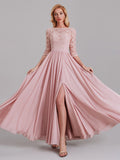 Charming Illusion 3/4 Sleeves Side Slit Chiffon Long Bridesmaid Dresses With Lace