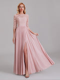 Charming Illusion 3/4 Sleeves Side Slit Chiffon Long Bridesmaid Dresses With Lace