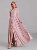 Charming Illusion 3/4 Sleeves Side Slit Chiffon Long Bridesmaid Dresses With Lace