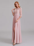 Charming Illusion 3/4 Sleeves Side Slit Chiffon Long Bridesmaid Dresses With Lace