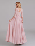 Charming Illusion 3/4 Sleeves Side Slit Chiffon Long Bridesmaid Dresses With Lace