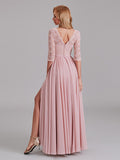 Charming Illusion 3/4 Sleeves Side Slit Chiffon Long Bridesmaid Dresses With Lace
