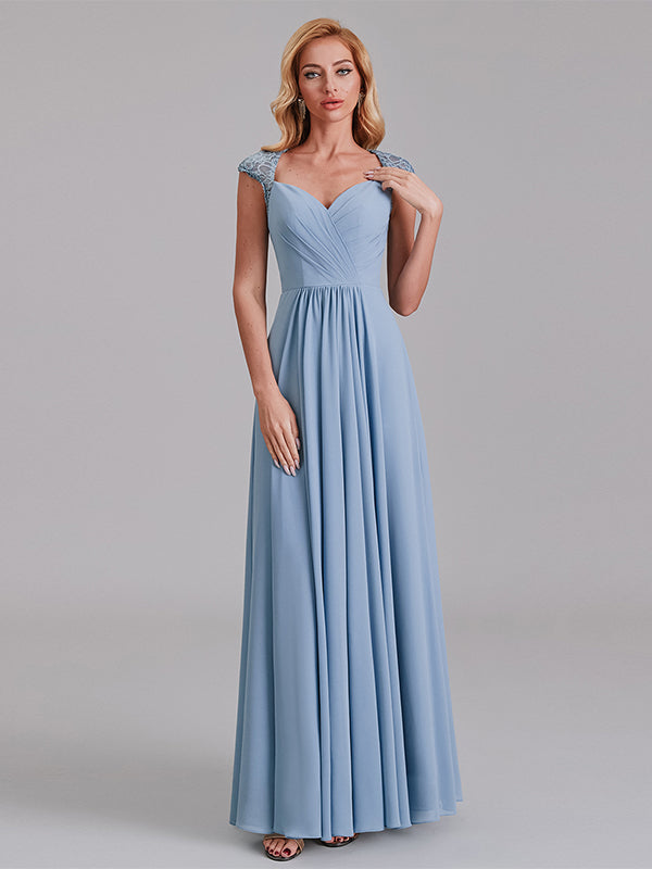 A-Line Sweetheart Cap Sleeves Chiffon Floor-Length Bridesmaid Dress With Lace