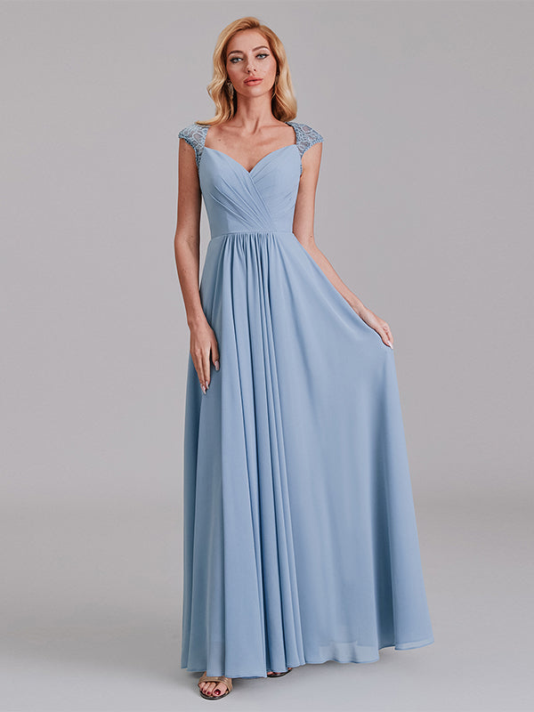 A-Line Sweetheart Cap Sleeves Chiffon Floor-Length Bridesmaid Dress With Lace