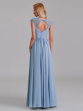 A-Line Sweetheart Cap Sleeves Chiffon Floor-Length Bridesmaid Dress With Lace