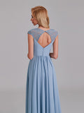 A-Line Sweetheart Cap Sleeves Chiffon Floor-Length Bridesmaid Dress With Lace