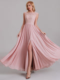 Illusion Cap Sleeves Chiffon Side Slit Bridesmaid Dress With Lace